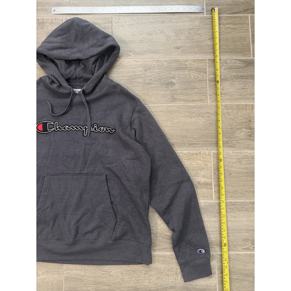 Champion Hoodie Mens Large Gray Script Logo Pullover Sweatshirt Embroidered - Picture 4 of 16